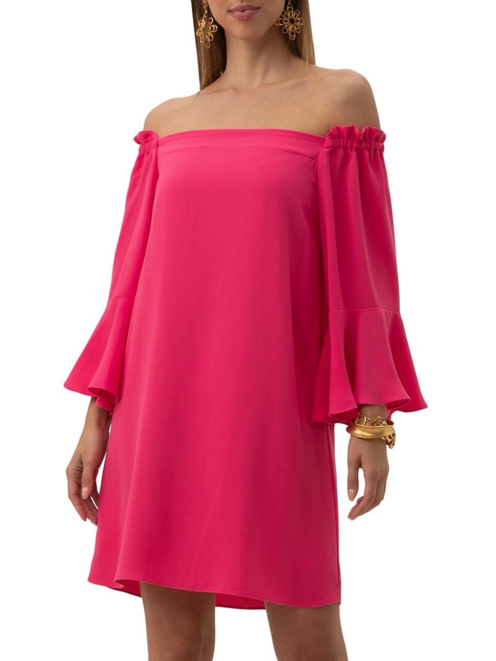 Tina Turk Knox Off-the-Shoulder Fuchsia Bell Sleeve Dress $258. P2P 19in